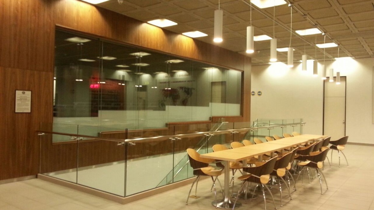 A law school classroom overlooking a hallway, a common site for legal education.